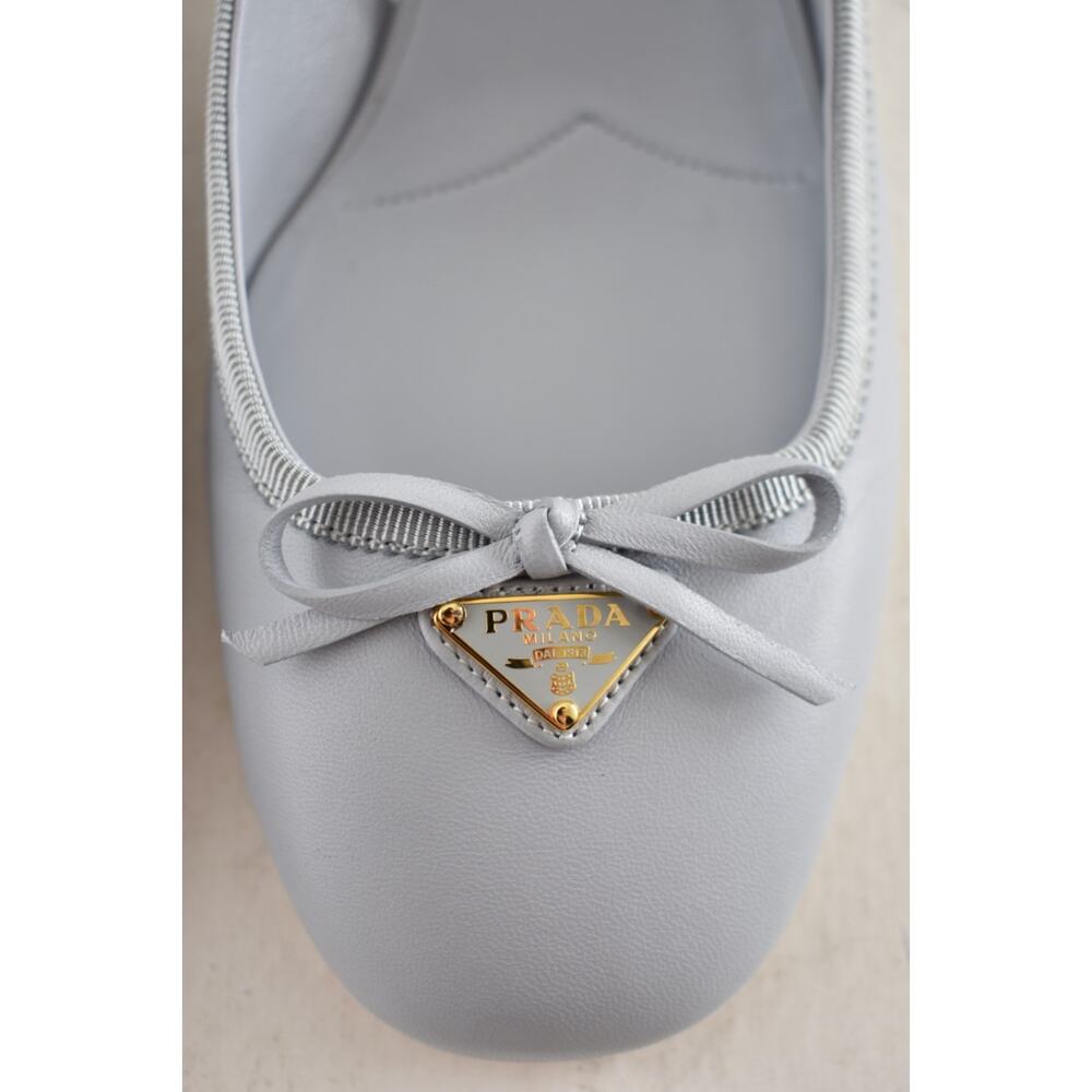 Prada Grey Blue Triangle Logo Bow Ballerina Mule Block Heel Slingback Pump 39.5 - Picture 8 of 15